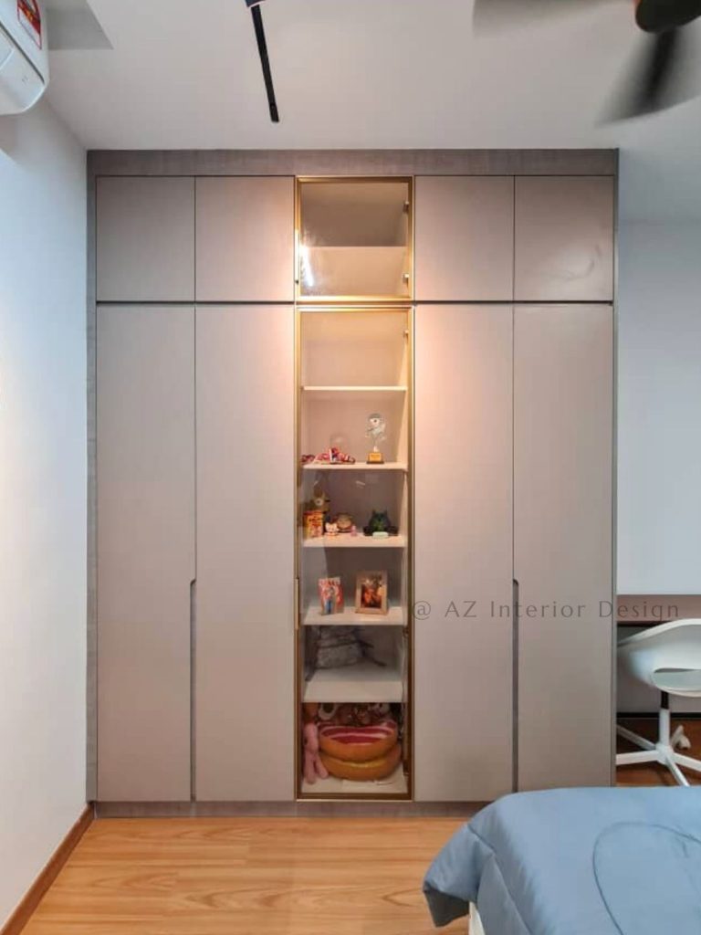 Modern Wardrobe With Central Glass Display And Grey Cabinets - AZ ...